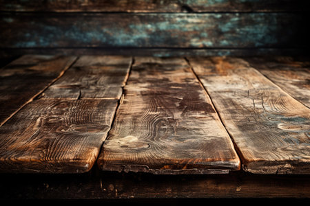 Old wooden table in front of a rustic background. Toned. generative aiの素材