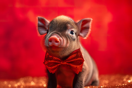 Cute little piglet wearing red bowtie on red background. generative aiの素材