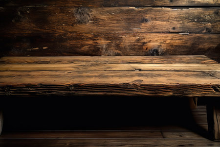 Wooden table and chair in front of wooden wall. Toned. generative aiの素材