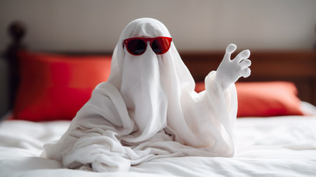 Halloween ghost in red sunglasses on the bed with white sheets. generative aiの素材