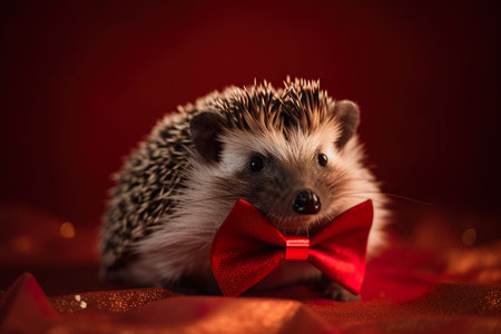 Hedgehog with red bow tie on a red background. Christmas concept. generative aiの素材