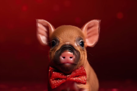 Cute little pig wearing a red bow tie on a dark red background. generative aiの素材