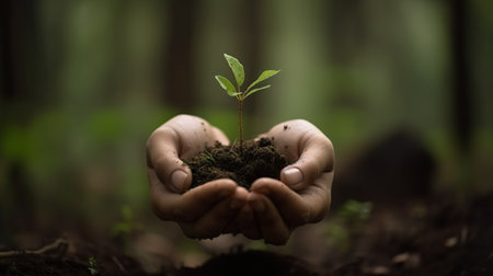 Human hand holding a small green plant growing in soil with blurred background. generative aiの素材
