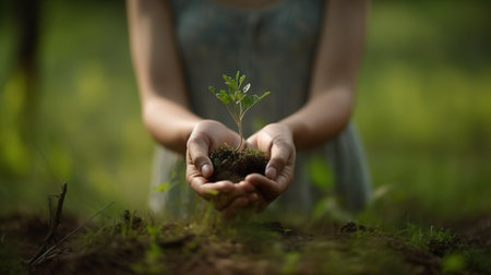 Hands of a young woman holding a small green plant in soil. generative aiの素材
