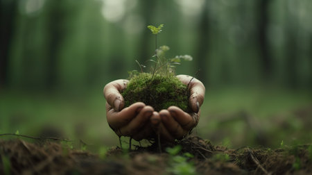 Human hands holding a small green plant in the forest. Ecology concept. generative aiの素材