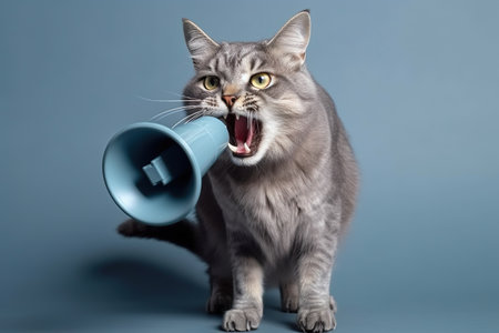 Cat shouting through a megaphone on a blue background with copy space. generative aiの素材