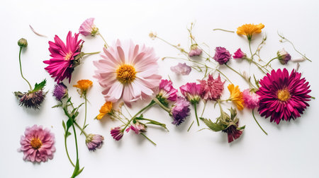 Colorful flowers on white background. Flat lay, top view. generative aiの素材