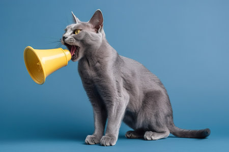 Burmese cat with a megaphone on a blue background. generative aiの素材