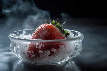 Strawberry in a transparent bowl with smoke on a black background. generative aiの素材