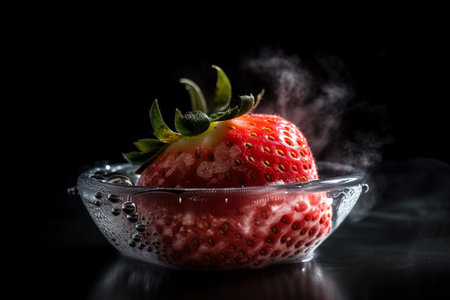 Strawberry in a glass bowl with smoke on a black background. generative aiの素材