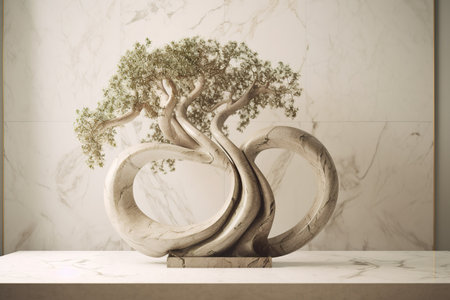 Bonsai tree in pot on white marble table and marble wall background. generative aiの素材