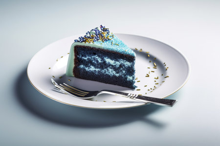 Piece of cake with blue icing on a white plate. Toned. generative aiの素材