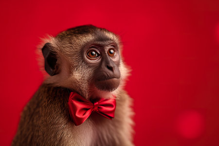 Monkey in a red bow tie on a red background with bokeh. generative aiの素材