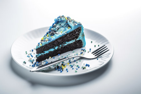 Piece of blue cake on a white plate with a fork. generative aiの素材