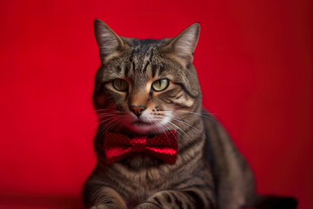 Beautiful tabby cat with a bow tie on a red background. generative aiの素材