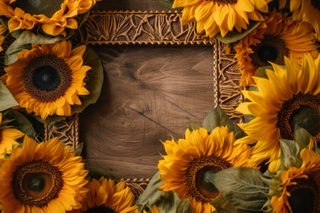 Frame of sunflowers on a wooden background. Top view. generative aiの素材