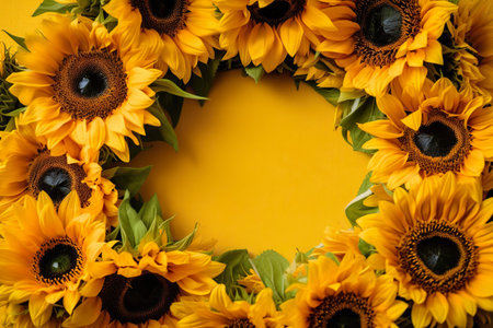 Sunflower wreath on yellow background. Flat lay, top view. generative aiの素材