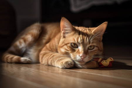 ginger cat lying on the floor with a toy in his mouth. generative aiの素材