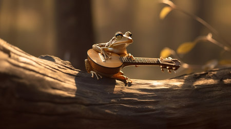 Frog sitting on a branch and playing guitar in the forest. generative aiの素材