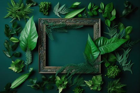 Frame made of tropical leaves on green background. Flat lay, top view. generative aiの素材