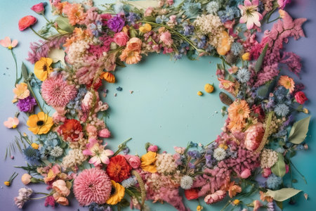 Flower wreath on blue background. Flat lay, top view. generative aiの素材