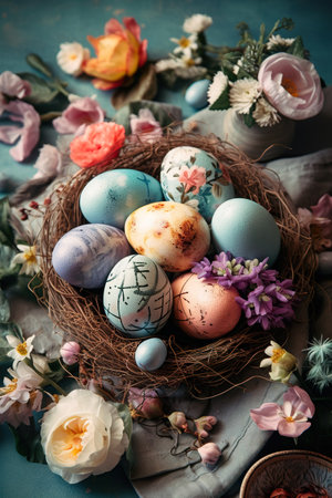 Easter eggs in a nest with flowers on a blue background. generative aiの素材