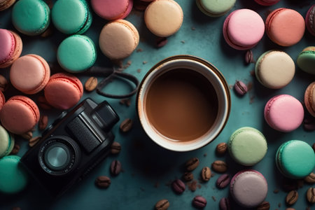 Colorful macaroons, cup of coffee and camera on blue background. generative aiの素材