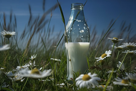 Milk in a bottle on a green meadow with daisies. generative aiの素材