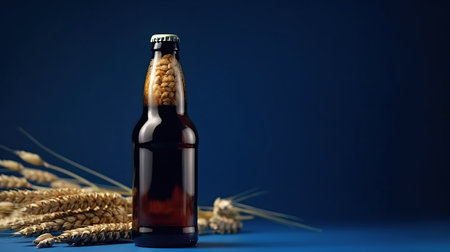 Bottle of beer with wheat on blue background. generative aiの素材