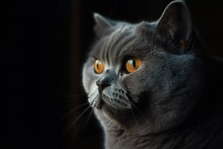 Portrait of a gray British cat with yellow eyes on a black background. generative aiの素材