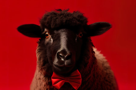 Portrait of a black sheep with red bow tie on a red background. generative aiの素材