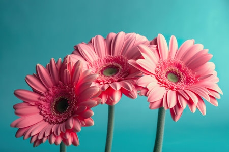 Three pink gerbera daisies on blue background with copy space. generative aiの素材