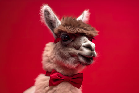 Portrait of a funny alpaca wearing a red bow tie on a red background. generative aiの素材