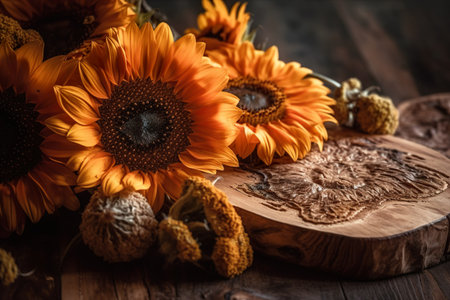 Still life with sunflowers on a wooden background, selective focus. generative aiの素材