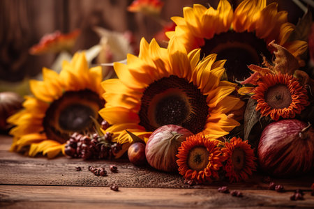Autumn still life with sunflowers on a wooden background. generative aiの素材