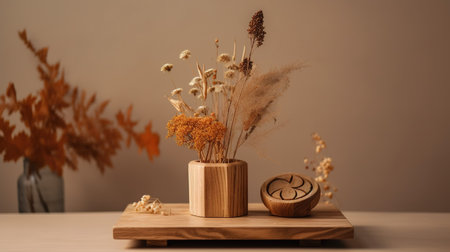 still life of dried flowers in wooden vase on wooden table. generative aiの素材