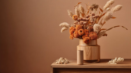 Autumn bouquet of dried flowers in a vase on a brown background. generative aiの素材