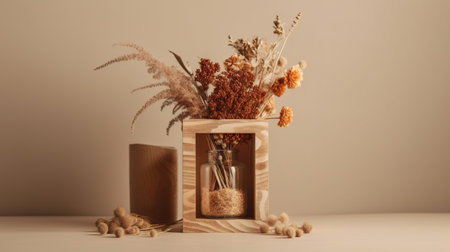 Bouquet of dried flowers in a wooden vase on a beige background. generative aiの素材