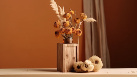 Still life of dried flowers in vase on wooden table and brown background. generative aiの素材