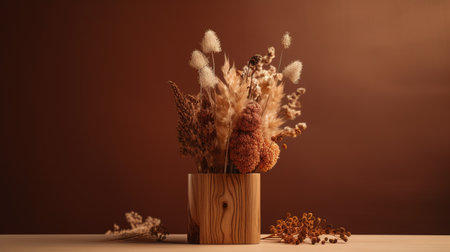 Dried flowers in wooden vase on brown background. generative aiの素材