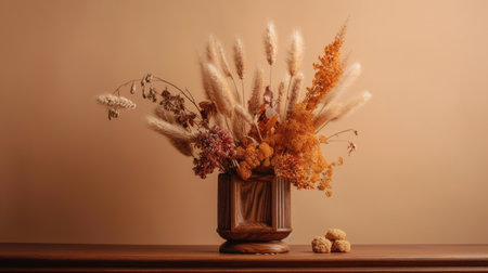Dried flowers in a vase on a brown background. Copy space. generative aiの素材
