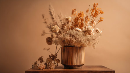 Dried flowers in a vase on a wooden table. Brown background. generative aiの素材