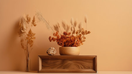 Dried flowers in a vase on a wooden shelf near a beige wall. generative aiの素材