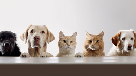 group of dogs and cats looking at the camera on a white background. generative aiの素材