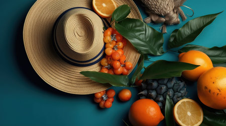 Summer background with tropical fruits and straw hat. Top view, flat lay. generative aiの素材