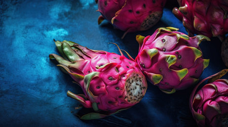 Fresh dragon fruit on a blue background. Selective focus. Toned. generative aiの素材