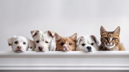 Group of dogs and cats in a row on a white background. generative aiの素材