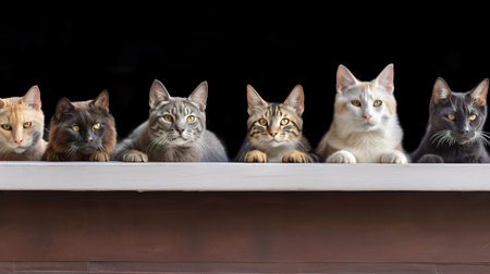 Group of cats sitting on the shelf, isolated on black background. generative aiの素材