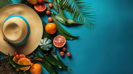 Summer composition with tropical fruits and hat on blue background. Flat lay, top view. generative aiの素材