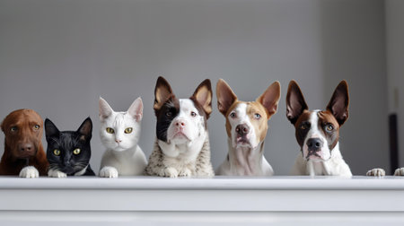 Group of dogs and cats in a row on a white background. generative aiの素材